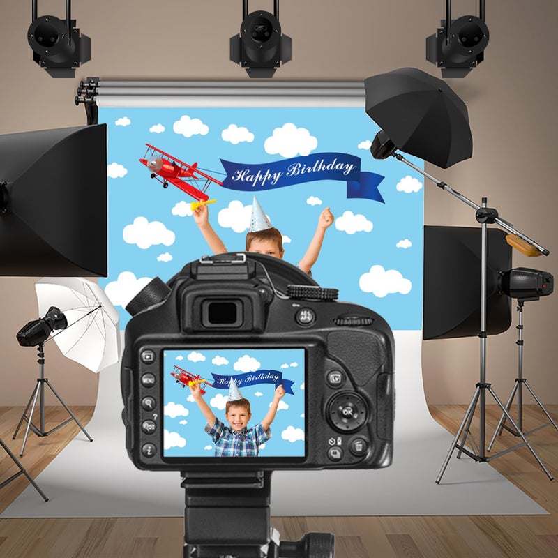 Baocicco 7x5ft Happy Birthday Red Plane Backdrop Cartoon Plan Blue Sky White Cloud Happy Birthday Photography Background Birthday Party Backdrop Boy Girl Photo Portraits Studio Video Props Booth - Image 2